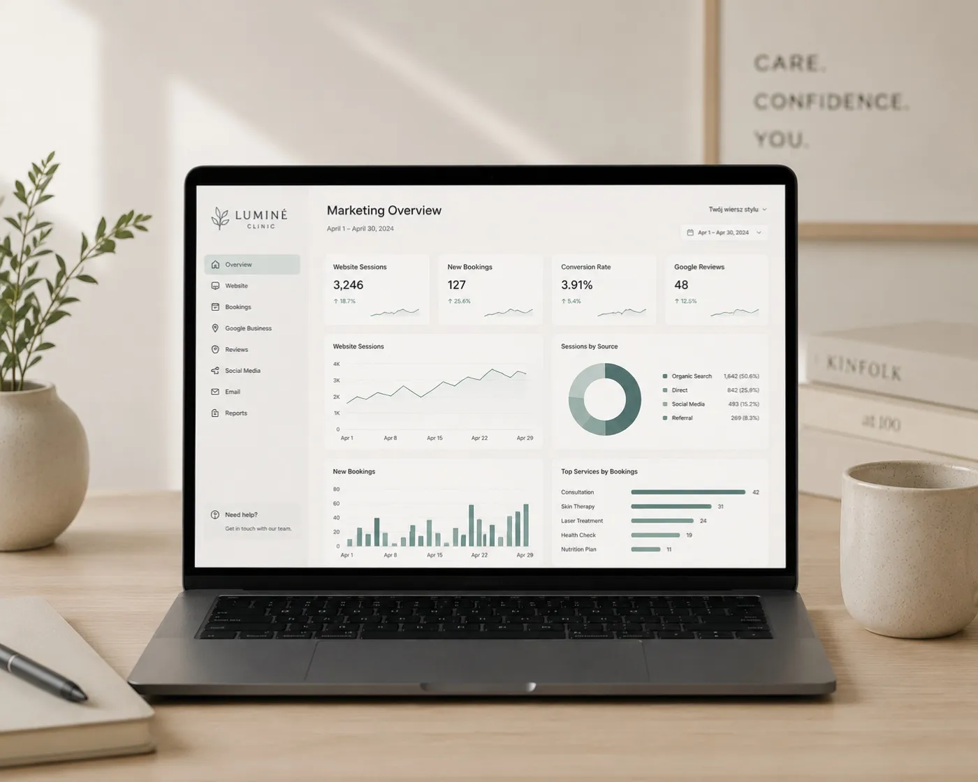 Laptop z dashboardem analityki marketingowej gabinetu na biurku